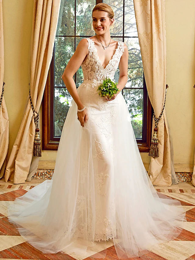Luolandi Wedding Dresses V Neck Chapel Train Lace Tulle Regular Straps See-Through